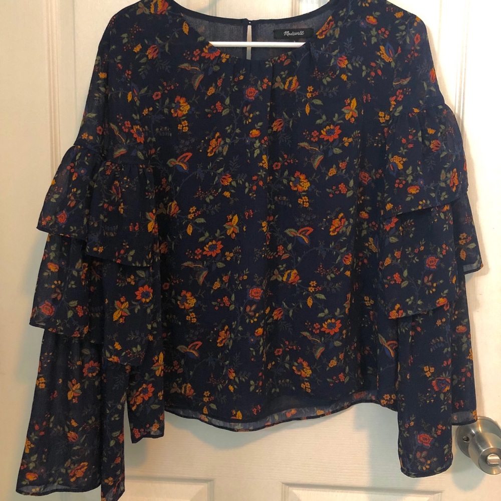 Madewell Navy Climbing Vine floral ruffle sleeve blouse shirt size large